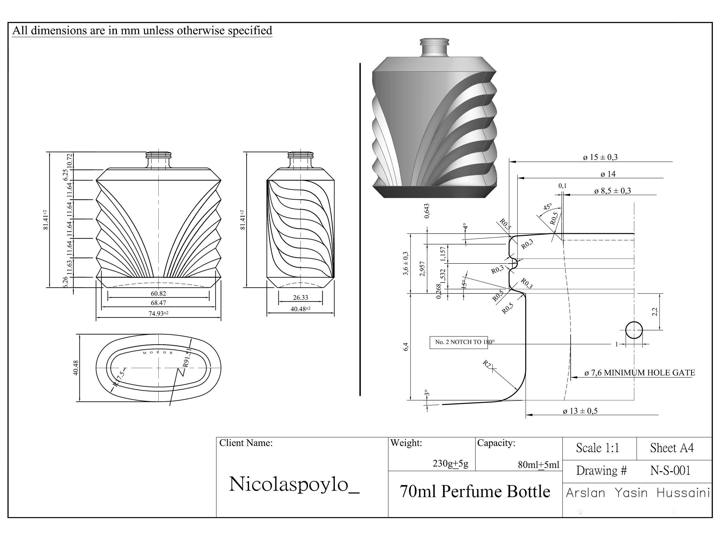 Glass perfume bottle manufacturing drawing 70ml - CAD technical design