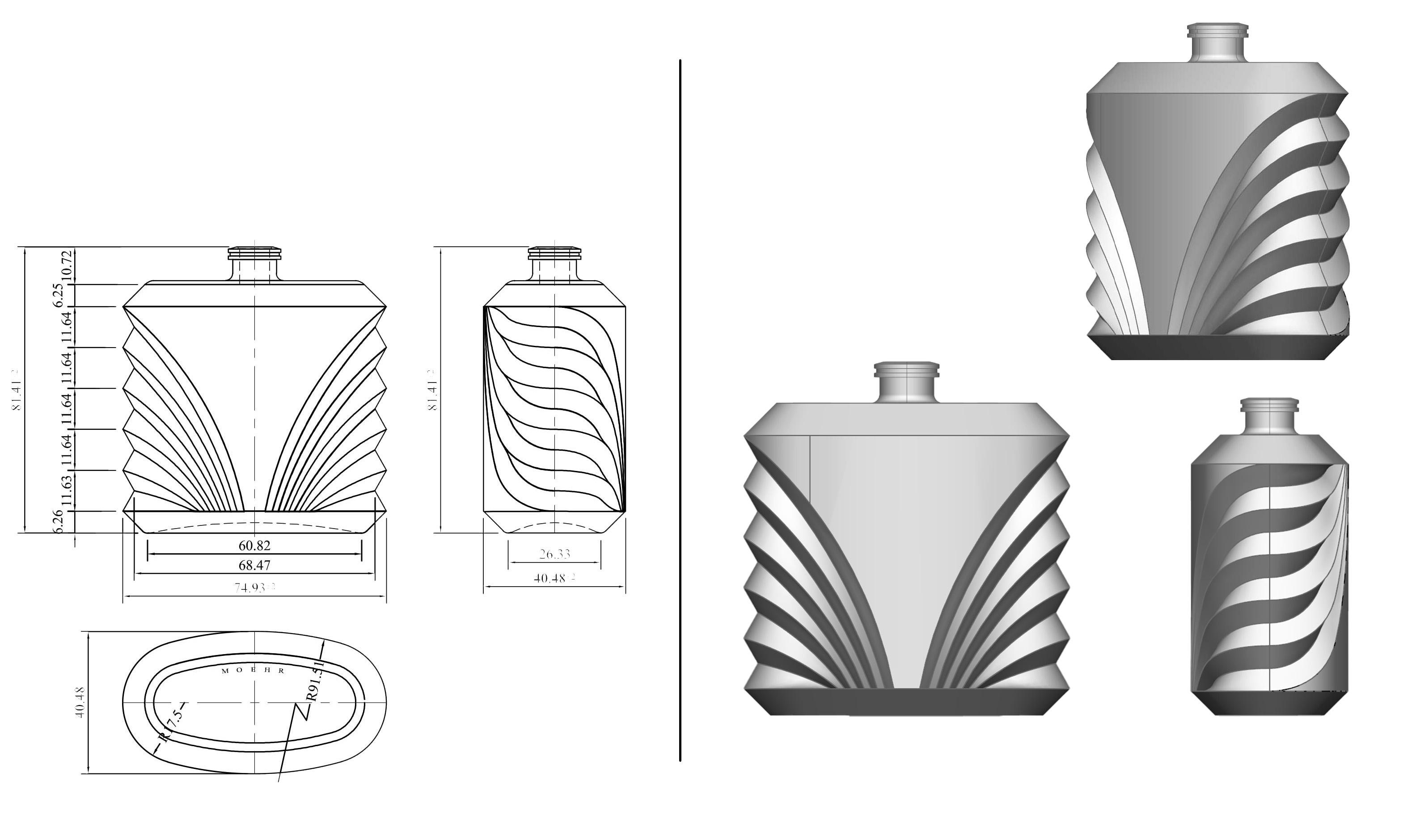 Manufacturing-ready 2D drawing and 3D CAD model of a glass bottle